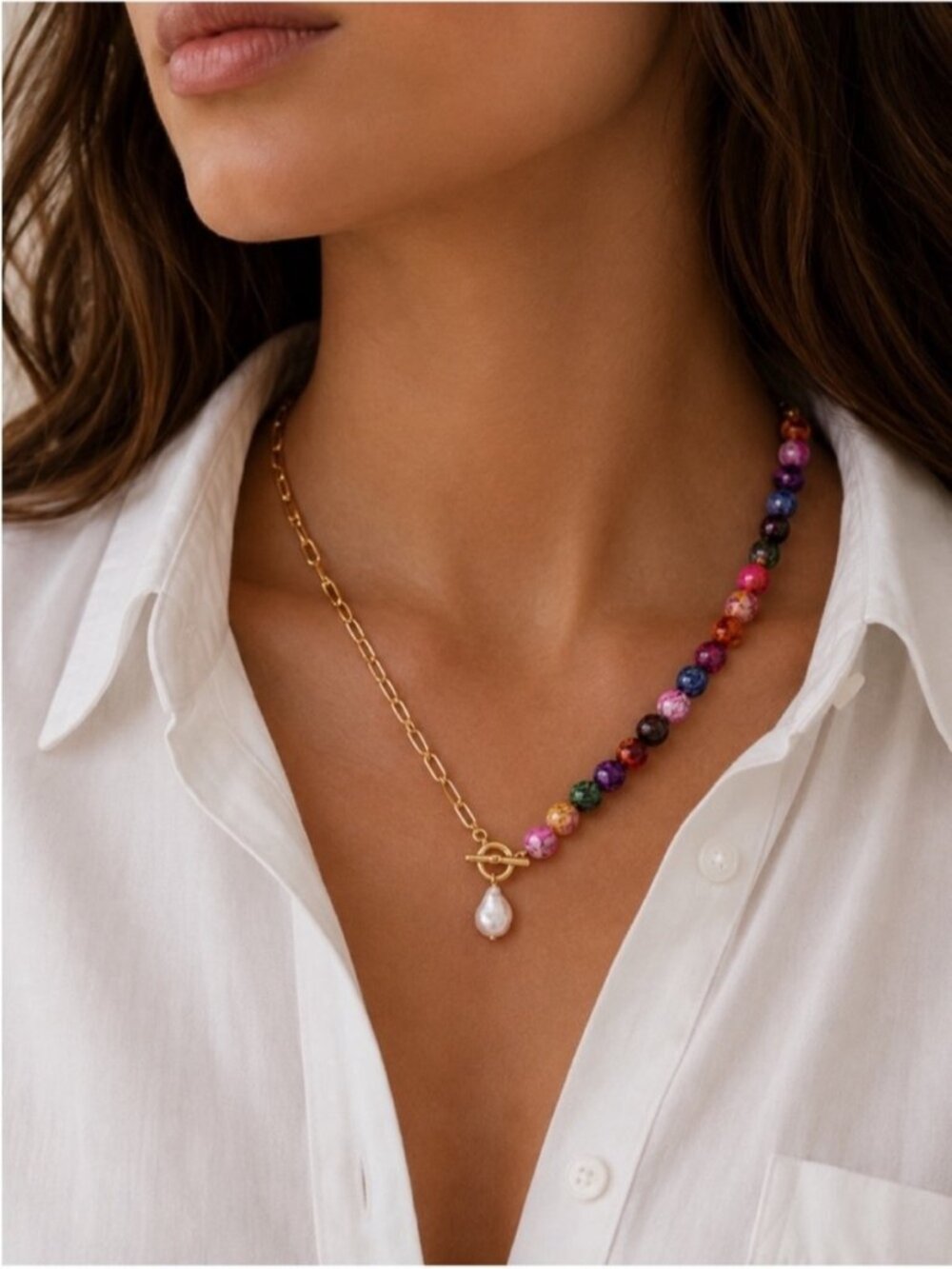 New! Y2K Colorful Beaded Gold Mixed Chain Necklace NWOT 5002